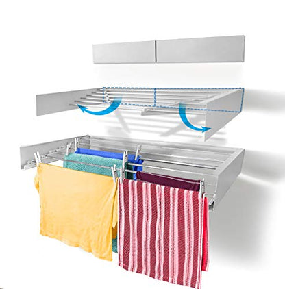 Step Up Laundry Drying Rack, Wall Mounted, Retractable Clothes Drying Rack, 60lbs Capacity, 20 Linear Ft, with Wall Template and Long Screwdriver Bit (40" White) - color: White, size: 40" Wide