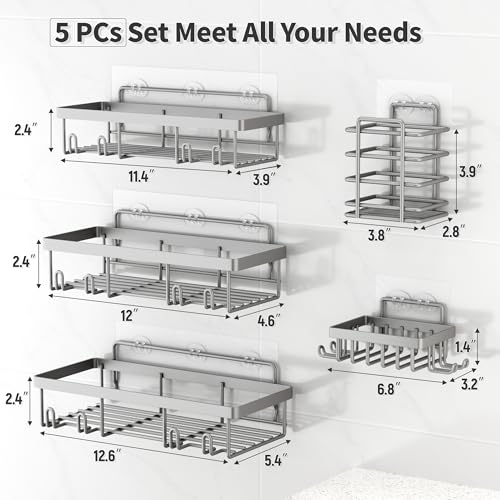 Liuoud 5 Pack Shower Caddy for Inside Shower, Grey Bathroom Storage Decor | Large Rustproof Stainless Steel Organizer with Strong Adhesive, No Drilling Wall Mounted Shelves, Bathroom Accessory Set - color: Grey, size: Large