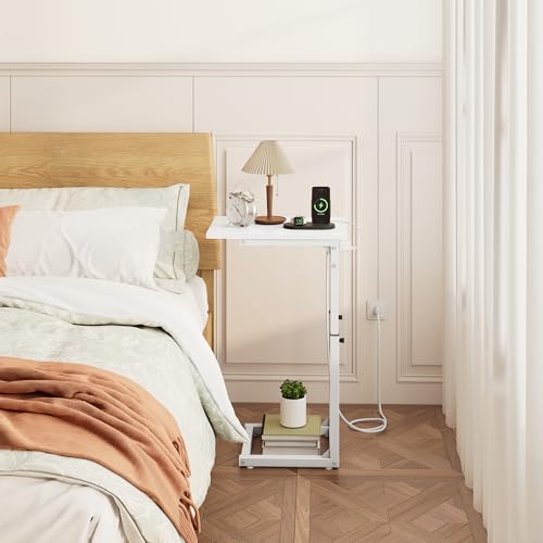 C Shaped End Table with Charging Station, C Table End Table Adjustable Height Sofa Table, Side Table for Couch, Couch Table that Slide Under, TV Tray Arm Table for Living Room,Bedroom, White - color: White, style: Charging Station