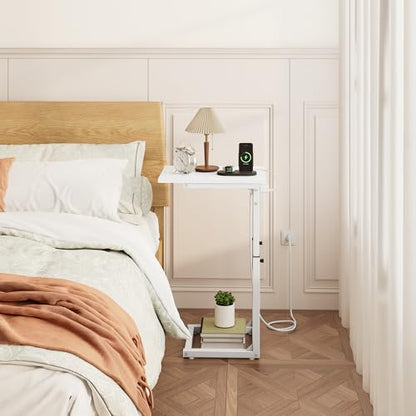 C Shaped End Table with Charging Station, C Table End Table Adjustable Height Sofa Table, Side Table for Couch, Couch Table that Slide Under, TV Tray Arm Table for Living Room,Bedroom, White - color: White, style: Charging Station