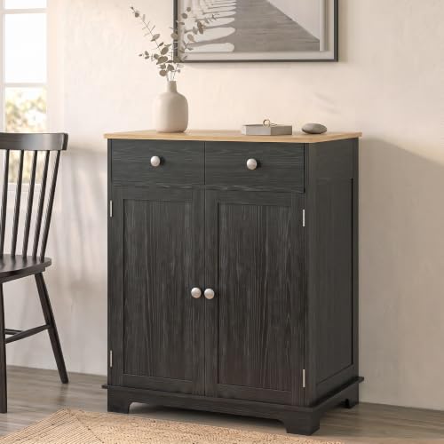 HOMCOM Sideboard Buffet Cabinet Solid Wood Countertop Distressed Black | Modern Kitchen Storage, Coffee Bar Cabinet, 2 Drawers, Doors, Adjustable Shelf - color: Distressed Black, size: 26.75" x 15.75" x 33.5"