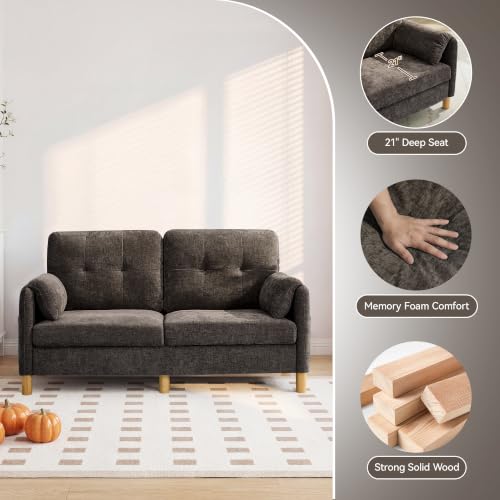 Mid Century Modern Couch, 65" Loveseat Sofa, Brown | Storage Pockets, Upholstered Small Loveseat for Small Spaces, Bedroom, Home Office, Apartments - color: Brown