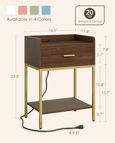 Masupu Nightstand with Charging Station, 3-Tier Modern Bedside Night Stand with Storage Drawer and Shelf, Small End Side Table for Bedroom, Living Room, Walnut - color: Outlet-brwon Walnut