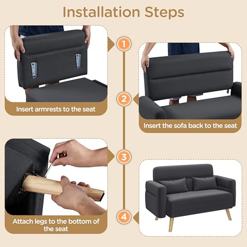 Yaheetech 46" Small Sofa Compact Modern Couch with Wood Legs, Dark Gray | Loveseat Small Sofa in Fabric 2 Seater Couch Features Wood Legs, Lumbar Pillows, Easy Assembly for Living Room, Bedroom, Dorm - color: Dark Gray
