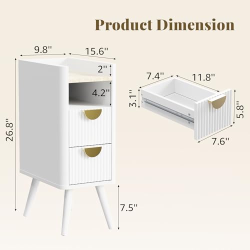 Narrow Nightstand with Drawers,Tall Skinny Bedside Table Dorm White | Small Side Table for Bedroom, Slim End Table for Livingroom, Boho Style Marble Nightstand, Set of 1 - color: White, size: 1