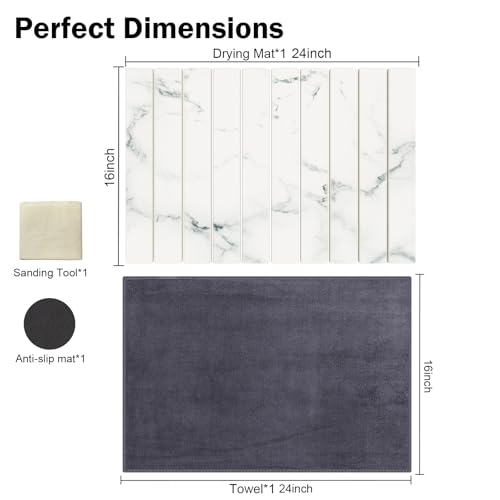 Stone Dish Drying Mat for Kitchen Counter,24"(L)×16"(W) Collapsible Fast-Drying Diatomaceous Earth Mats with Towel Sanding Tool,Versatile Stone Drying Mats for Cups Dishes Bottles - color: Marble-White, size: 24"L x 16"W