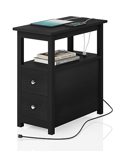 End Table with Charging Station, Side Table with 2 Drawer & USB Ports & Power Outlets, Nightstand for Small Spaces, Bedside Tables for Living Room Black - color: Black