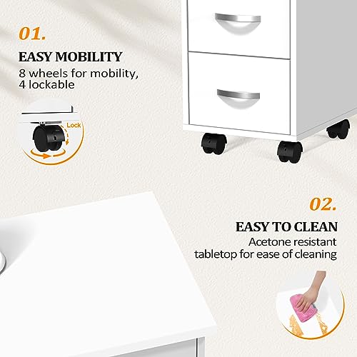 OmySalon Manicure Table Nail Desk w/Cabinet, Drawers, Wheels & Wrist Rest, Spa Salon Beauty Home Wooden Technician Workstation Nail Art Equipment for Nail Tech, White - color: White