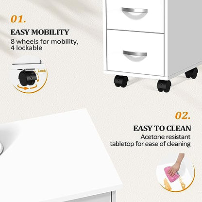OmySalon Manicure Table Nail Desk w/Cabinet, Drawers, Wheels & Wrist Rest, Spa Salon Beauty Home Wooden Technician Workstation Nail Art Equipment for Nail Tech, White - color: White