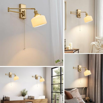 Swing Arm Wall Sconce 2-Pack, Brass Milk Glass Shade, 17.7" | Pull chain, E26 base, bedside vanity bathroom, mid century wall light - color: B-2Pack