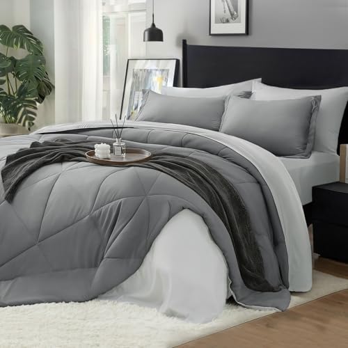 BEDELITE Queen Comforter Set 7 Pieces, Reversible Dark Grey Bed in A Bag | Soft All Season Down-Alternative Comforter, Sheets, Pillowcases & Shams, OEKO-TEX Certified Bedding for Bedrrom, Guest Room - color: Dark Grey/Light Grey, size: Queen