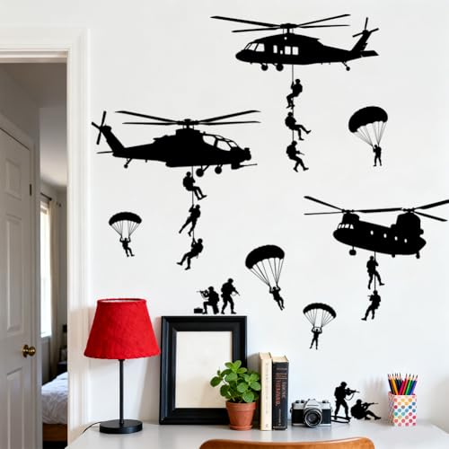 Helicopter and Parachute Wall Decals, Wall Stickers Decor | 2 Sheets 11.8"x37.8" Vinyl Removable Peel and Stick Murals, Plant Decor for Bedroom, Bathroom, Office, Classroom & Home - style: Helicopter and Parachute