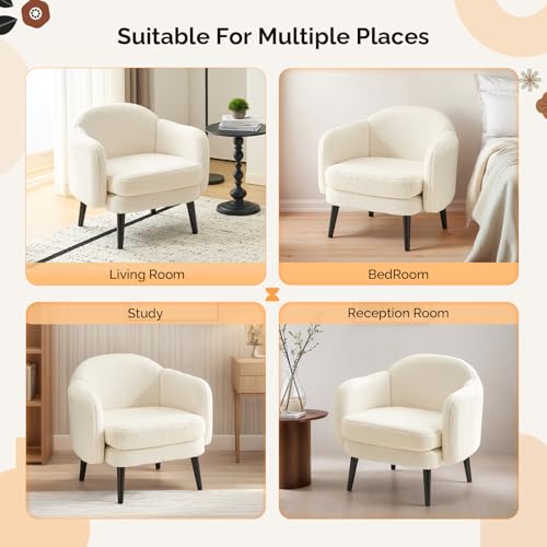 VINGLI 30.3" Wide Modern Barrel Accent Armchairs Set of 2 with Track Armrest, Solid Wooden Legs, Comfy Upholstered Club Chairs, Single Home Sofa for Living Room, Bedroom, Reading,Teddy Fleece White - color: White