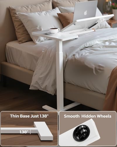 Simple Deluxe Overbed Bedside Table with Hidden Casters, Height Adjustable Desk with Tilting Top, Mobile Rolling Laptop Desk, Standing Rolling Desk Hospital Home Use, White - color: White, style: Tiltable