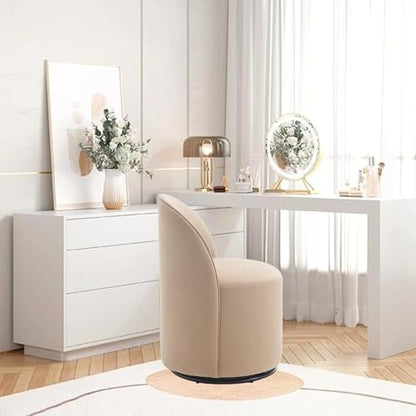 HNY Upholstered Kitchen & Dining Room Barrel Chair, Mid Century Modern Round Velvet Dining Chair, 360 Degree Swivel Comfy Armless Accent Makeup Vanity Side Chair for Bedroom Living Room, Khaki - color: Khaki