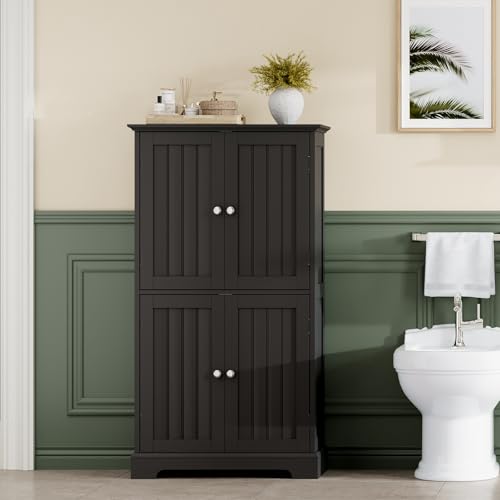 ChooChoo Bathroom Floor Cabinet with Adjustable Shelves | Bathroom Storage Cabinet, 4 Doors, Freestanding Cupboard for Living Room, Kitchen Pantry, Black - color: Black, size: 14.17"D x 25.59"W x 43.31"H