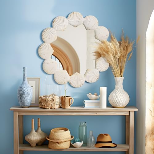 Round Wall Mirror,28" Circle Shell Coastal Wave Bathroom Decor Mirror | Wood Rustic Farmhouse White Seashell Mirror for Bedroom,Vanity,Entryway,Hallway - size: 28"L x 28"W