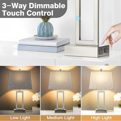 Lolikit 23.5" Touch Control Table Lamps, Metal Bedside Lamp for Bedroom Set of 2 with USB A+C Ports & AC Outlet, 3-Way Dimmable Nightstand Lamp for Living Room (LED Bulb Included) - color: Silver - 23.5"H