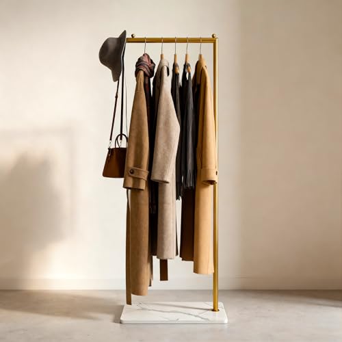 Gold Clothing Rack with Marble Base,Freestanding Garment Rack for Hanging Clothes,Modern Coat Rack, Minimalist Clothes Rack for Small Spaces,Bedroom,Entryway,Boutique Display (Gold)
