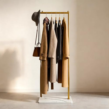 Gold Clothing Rack with Marble Base,Freestanding Garment Rack for Hanging Clothes,Modern Coat Rack, Minimalist Clothes Rack for Small Spaces,Bedroom,Entryway,Boutique Display (Gold)