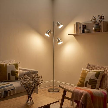 Brightech Jacob LED Standing Lamp, Modern Bright Floor Lamps for Living Rooms & Bedrooms, Tall LED Lighting Lamp with Adjustable 3 Light Tree – Satin Nickel - color: Nickel