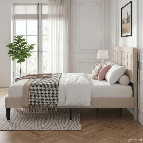 VECELO Full Size Bed Frame, Adjustable Upholstered Button Tufted Headboard, Heavy-Duty Bedframe with Wood Slats Support, No Box Spring Needed, Beige - color: Beige, size: Full, style: Bed Frame