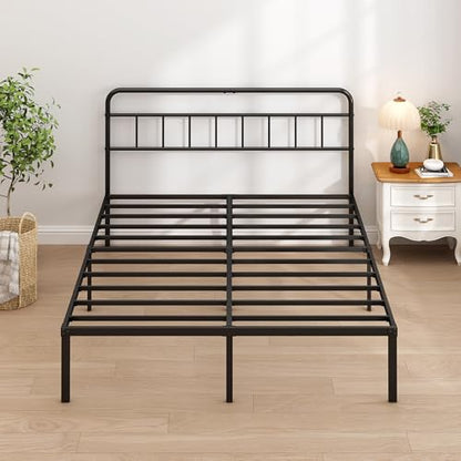 Queen Bed Frame with Classic Headboard, Black | Strong Metal Slats Support, Under Bed Storage Space, No Box Spring Needed, Easy to Assemble - size: Queen