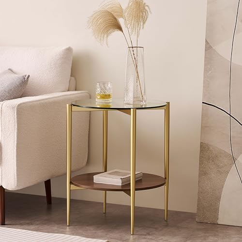 LumFurn D18in Round Glass End Table, Mid-Century Modern Design Side Table for Living Room, D18xH23inch, Clear Glass and Walnut MDF Wood, Conical Legs with Gold Finish Frame - color: D18" Clear & Walnut