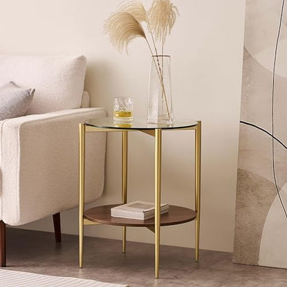 LumFurn D18in Round Glass End Table, Mid-Century Modern Design Side Table for Living Room, D18xH23inch, Clear Glass and Walnut MDF Wood, Conical Legs with Gold Finish Frame - color: D18" Clear & Walnut