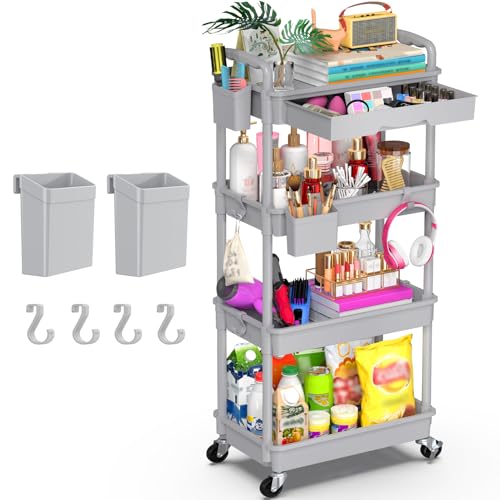 Goovilla 4 Tier Rolling Utility Cart Organizer with Removable Drawer, Grey | Stable and Sturdy Rolling Storage Carts with 2 Lockable Wheels for Bathroom, Kitchen, Snack, Craft, Makeup, Baby Essentials - size: 4 Tier, style: Gray