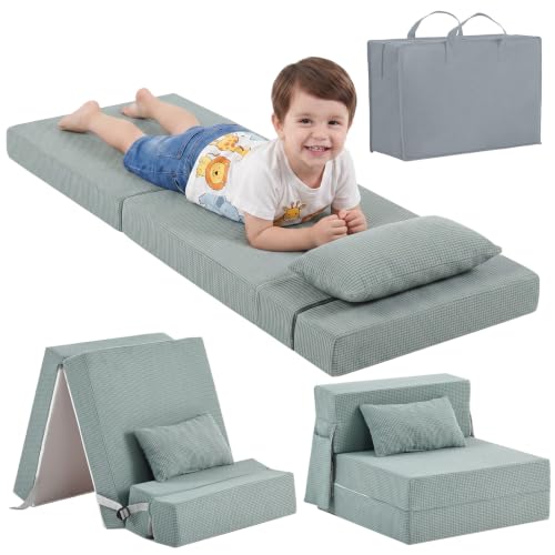 Kids Folding Sofa Bed, Floor Mattress, Foldable Futon Mattress | Toddler Fold Out Couch, Foldable Floor Nap Mat, Washable Kids Mattress with Storage Bag for Travel Camping Outdoor Use，Green - color: Waffle Green