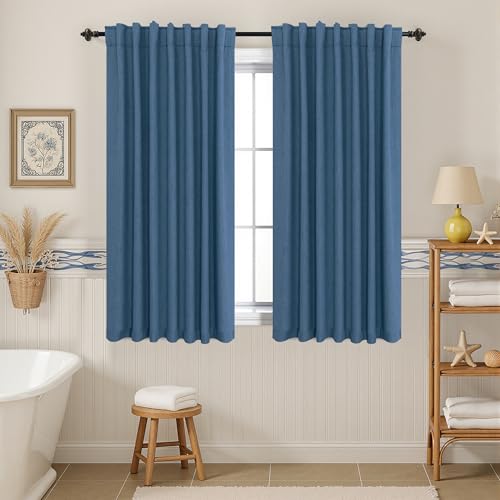 KOUFALL Kids Curtains for Boys Bedroom,Short Blackout Linen Thermal Black Out Teen Curtains 45 Inch Length - color: Denim Blue, size: 52"W x 45"L (Pack of 2)