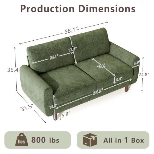 Ihanherry 68" Loveseat Sofa, Small Couch for Small Spaces, Comfy Chenille Sofa with Spring Cushion and Wood Frame, Mid Century Modern Couch, Deep Seat Couch for Living Room Bedroom Office, Green - color: Green