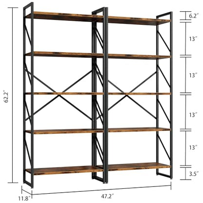 Shintenchi 2 Pieces 5 Tiers Bookshelf, Classically Tall Bookcase Shelf, Industrial Book Rack, Modern Book Holder in Bedroom/Living Room/Home/Office, Storage Rack Shelves for Books/Movies-Rustic Brown - color: 2pcs/Rustic Brown