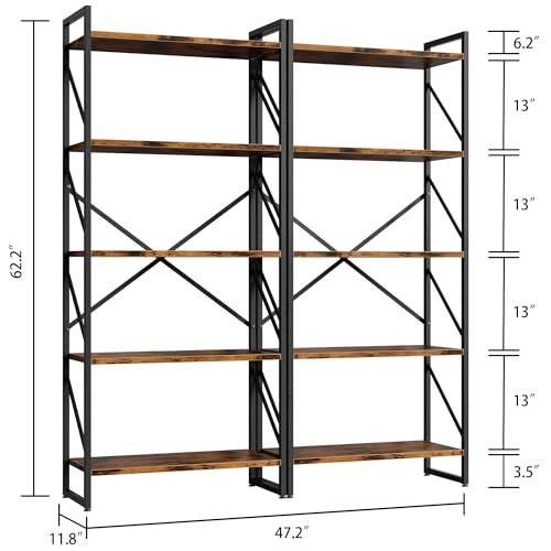 Shintenchi 5 Tiers Bookshelf, Classically Tall Bookcase Shelf, Industrial Book Rack, Modern Book Holder in Bedroom/Living Room/Home/Office, Storage Rack Shelves for Books/Movies-Rustic Brown - color: Rustic Brown