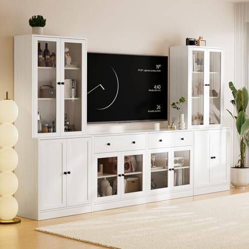 TUSY 71" TV Stand Storage Set - 2 Tall Bookcases & 2 Side Cabinets, Media Console with Glass & Wood Doors, Entertainment Center with Drawers, Tall Media Console for Living Room (White, AFFA) - color: White
