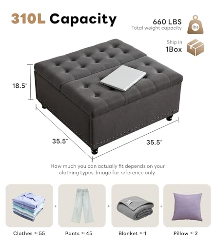 Tbfit 35.5" Large Square Storage Ottoman Bench, Tufted Upholstered Coffee Table Ottoman with Lift Top & Wooden Legs, Oversized Storage Ottomans Toy Box for Living Room (Dark Grey) - color: Dark Grey