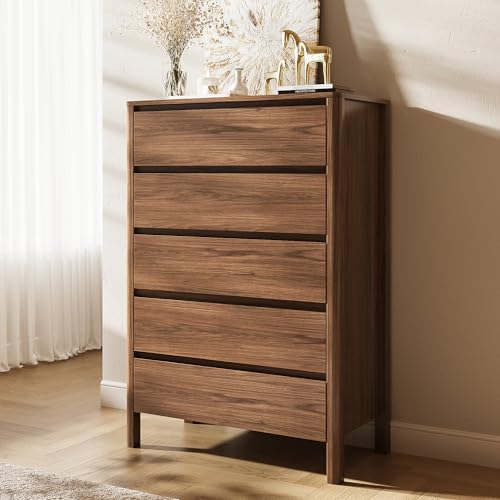 MAISONARIA Walnut 3-Piece Dresser Bedroom Set, 5 Drawers Dresser & 3 Drawer Nightstands with Hidden Handles, Wood Chest of Drawers for Bedroom, Living Room, Entryway - color: Walnut, size: 5+3