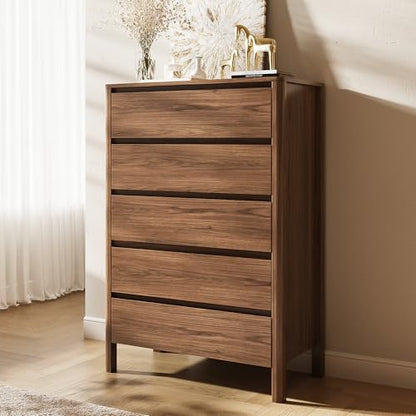 MAISONARIA Walnut 3-Piece Dresser Bedroom Set, 5 Drawers Dresser & 3 Drawer Nightstands with Hidden Handles, Wood Chest of Drawers for Bedroom, Living Room, Entryway - color: Walnut, size: 5+3