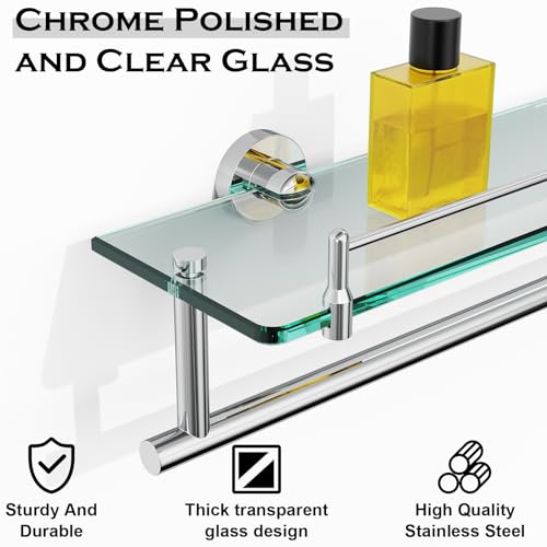 24-Inch Towel Rack with Shelves Tempered Glass Bathroom Shelves with Bar - Chrome Polished Modern Stainless Steel, Wall Mount Rustproof Tower Rail - color: Chrome Polished, size: 24-inch with Railing