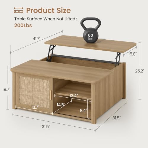 SEDETA 31.5" Lift Top Coffee Table with Storage, Square Coffee Tables for Living Room, Farmhouse Coffee Table with Large Hidden Storage Compartment and Adjustable Shelves, Rattan Oak - color: Rattan Oak