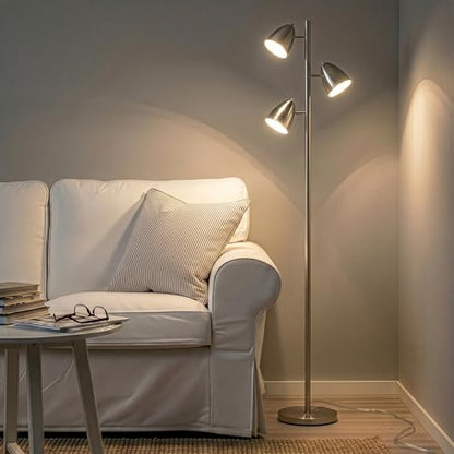 Brightech Jacob LED Standing Lamp, Modern Bright Floor Lamps for Living Rooms & Bedrooms, Tall LED Lighting Lamp with Adjustable 3 Light Tree – Satin Nickel - color: Nickel