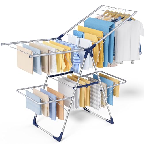 Sakugi Clothes Drying Rack, Foldable 2-Level with 55.5" Adjustable Wings | Laundry Room, Bedroom, Indoor & Outdoor Use, Height Adjustable, Clothing & Bedding, 55.5" L × 22.8" W, Silver and Blue - color: Silver and Blue, size: Large (55.5"L x 22.8"W x 36.6