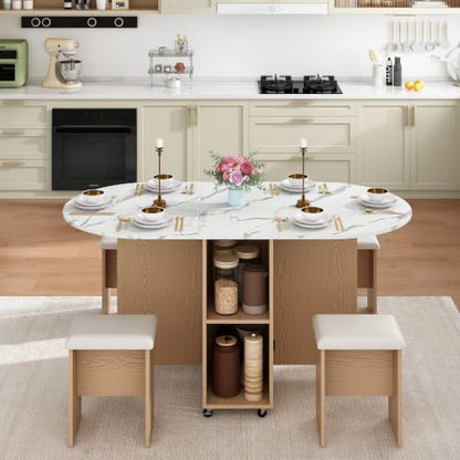 5 PCS Farmhouse Dining Table Set for 4,60" Large Round Folding Dining Table Set w/ 4 Leather Chairs, Drop Leaf Oval Modern Kitchen Table for Small Spaces,6 Wheels,2-Layer Storage Shelf,White Marble - color: White Marble