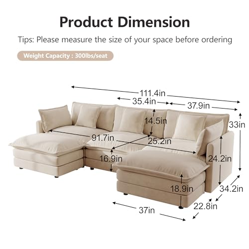 Modular Sectional Sofa, 111.5 Inch U Shaped Couch Set for Living Room, 3-Seater Comfy Cloud Couches with Movable Ottoman, DIY Combination, Chenille, Light Coffee - color: Light Coffee, size: 111.5 Inch- U