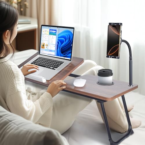 wishacc 28.7" Extra Wide Laptop Lap Desk for Bed and Sofa, Adjustable Bed Desk with Flexible Phone & Tablet Mount, Portable Black Lap Tray Table for Floor Couch Work, 2 Book Clips Included - size: Large