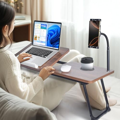 wishacc 28.7" Extra Wide Laptop Lap Desk for Bed and Sofa, Adjustable Bed Desk with Flexible Phone & Tablet Mount, Portable Black Lap Tray Table for Floor Couch Work, 2 Book Clips Included - size: Large