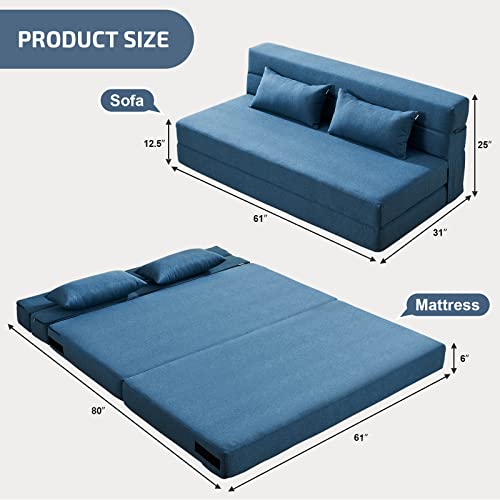 SUYOLS Folding Sofa Bed with Pillows- Convertible Chair Floor Couch & Sleeping Mattress, Foldable Memory Foam Sleeper for Living Room/Dorm/Guest Room/Home Office/Apartment/Loft, Queen, Navy Blue - color: Navy Blue, size: Queen