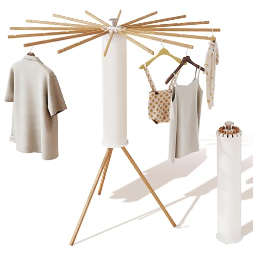 LIENAHU Clothes Drying Rack Tripod,Drying Rack Clothing,Laundry Drying Rack,Floor Standing,16 Wooden Poles,Collapsible Drying Racks for Laundry,Retractable,Foldable,Folding - style: 16 Wooden poles