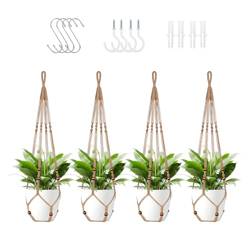 LEWESU Jute Macrame Plant Hanger Indoor Set of 4 Hanging Planter Basket Flower Pot Holder with Decorative Wood Beads & No Tassels for Indoor Outdoor Boho Home Decor, 35 Inch Brown (Pots Not Included) - color: Brown, size: 35" Set of 4